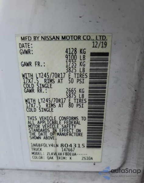 2020 Nissan Nv 2500 S from USA, damaged, VIN 1N6BF0LY4LN804315